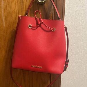 Michael Kors red leather bucket bag